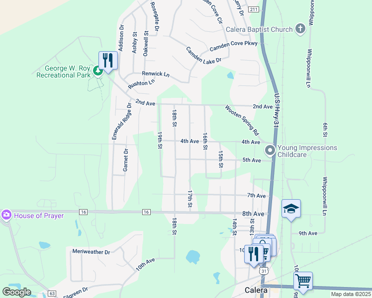 map of restaurants, bars, coffee shops, grocery stores, and more near 475 18th Street in Calera