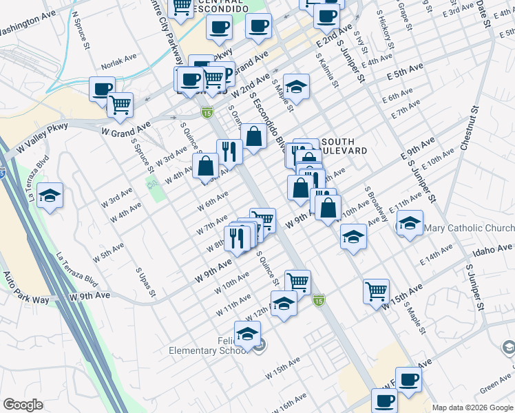 map of restaurants, bars, coffee shops, grocery stores, and more near 503 West 8th Avenue in Escondido