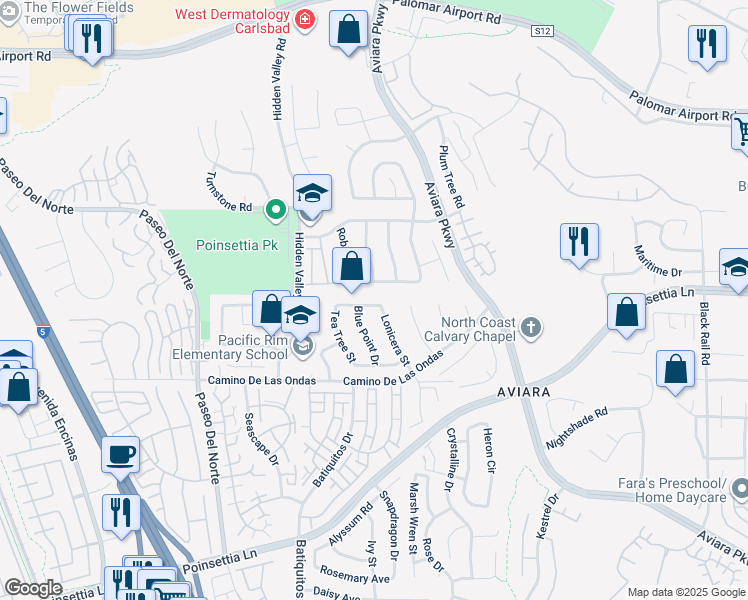 map of restaurants, bars, coffee shops, grocery stores, and more near 1216 Abelia Avenue in Carlsbad