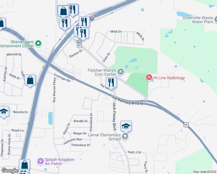 map of restaurants, bars, coffee shops, grocery stores, and more near 711 Joe Ramsey Boulevard North in Greenville