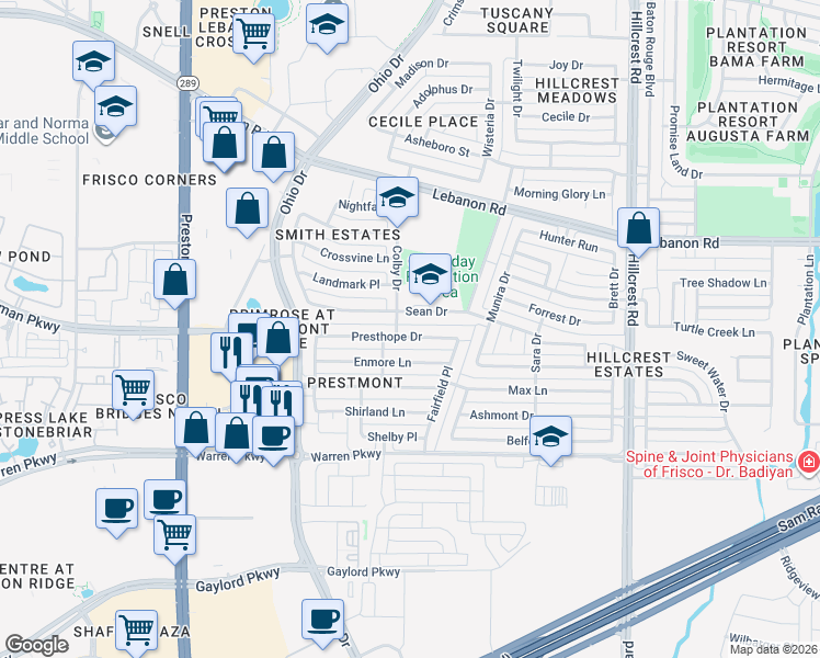 map of restaurants, bars, coffee shops, grocery stores, and more near 9800 Sean Drive in Frisco