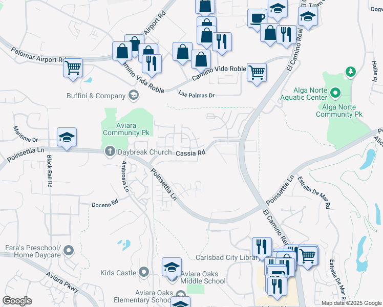 map of restaurants, bars, coffee shops, grocery stores, and more near 4063 Cassia Road in Carlsbad