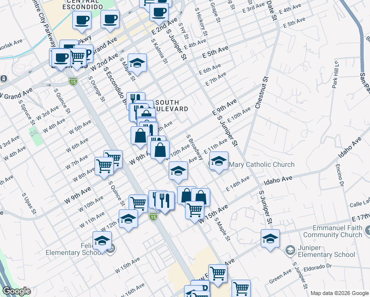 map of restaurants, bars, coffee shops, grocery stores, and more near 1034 South Maple Street in Escondido