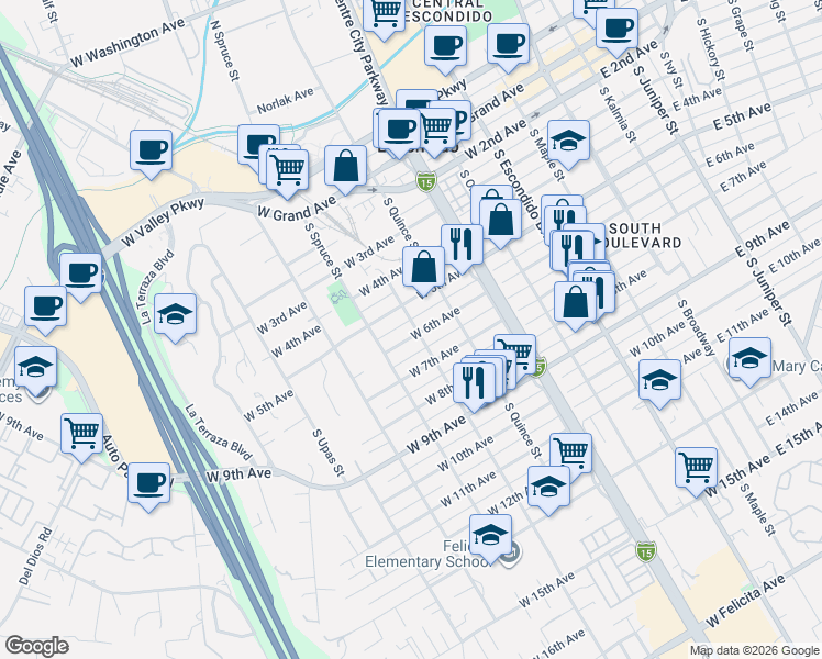 map of restaurants, bars, coffee shops, grocery stores, and more near 735 West 6th Avenue in Escondido