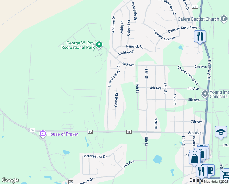 map of restaurants, bars, coffee shops, grocery stores, and more near 1020 Garnet Drive in Calera