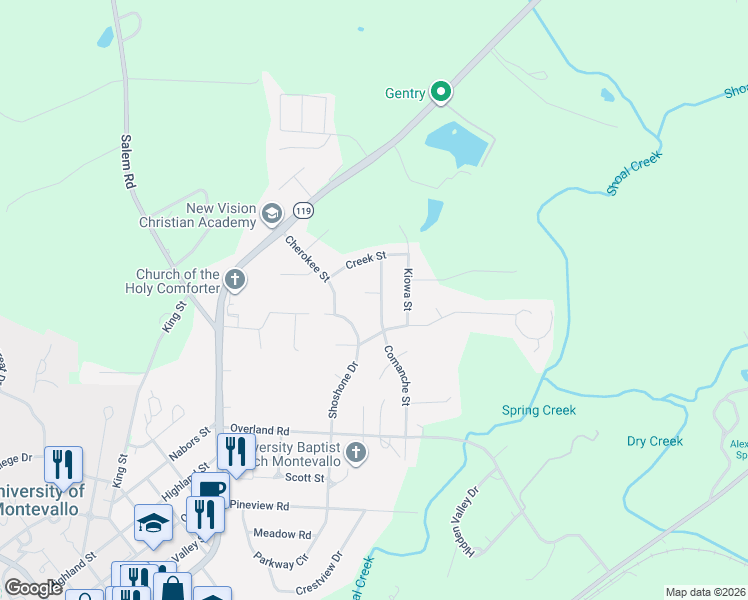 map of restaurants, bars, coffee shops, grocery stores, and more near 560 Shoshone Drive in Montevallo