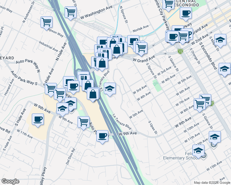 map of restaurants, bars, coffee shops, grocery stores, and more near 103 Howell Heights Drive in Escondido