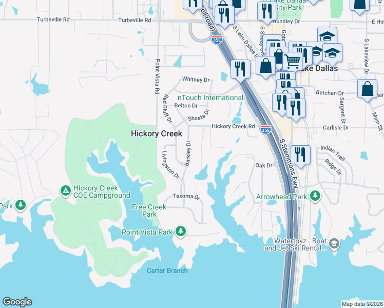 map of restaurants, bars, coffee shops, grocery stores, and more near 222 Barkley Drive in Lake Dallas