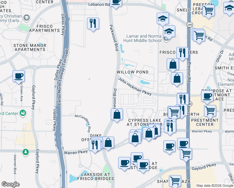 map of restaurants, bars, coffee shops, grocery stores, and more near 4285 Shavano Drive in Frisco