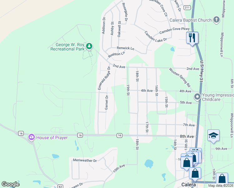 map of restaurants, bars, coffee shops, grocery stores, and more near 352 19th Street in Calera