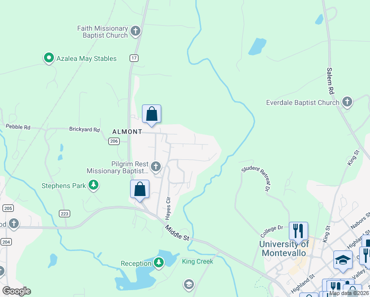 map of restaurants, bars, coffee shops, grocery stores, and more near 69 Dubose Drive in Montevallo
