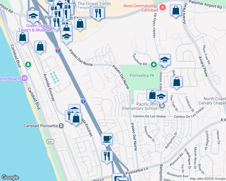 map of restaurants, bars, coffee shops, grocery stores, and more near 901 Caminito Estrada in Carlsbad
