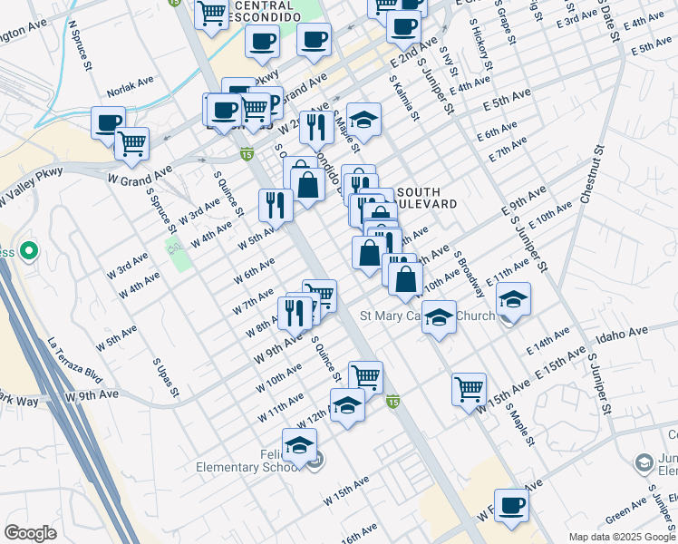 map of restaurants, bars, coffee shops, grocery stores, and more near 418 West 8th Avenue in Escondido
