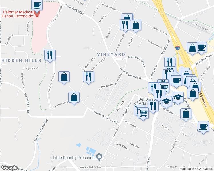 map of restaurants, bars, coffee shops, grocery stores, and more near 955 Howard Avenue in Escondido