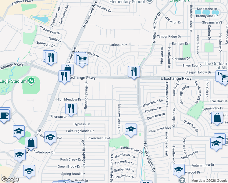 map of restaurants, bars, coffee shops, grocery stores, and more near 1008 Sandy Creek Drive in Allen