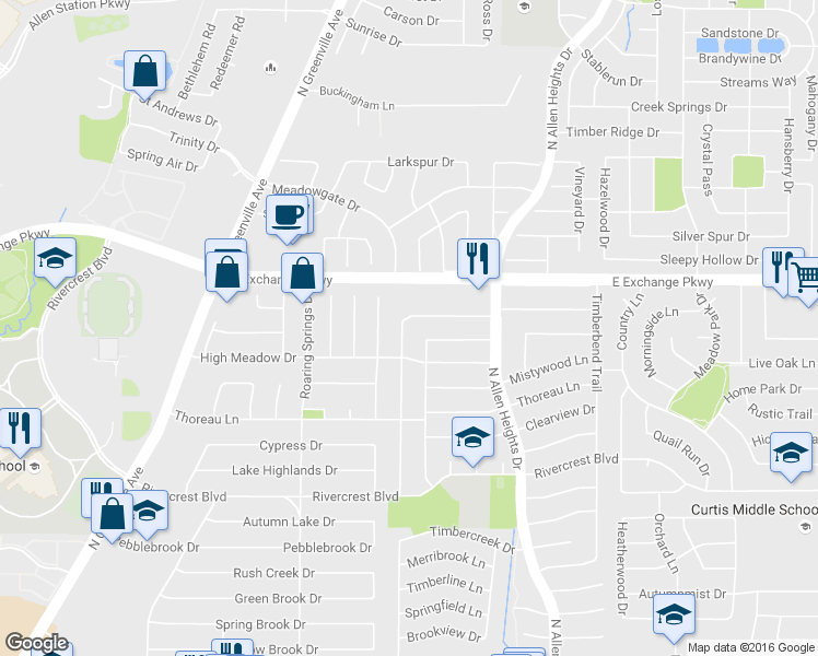 map of restaurants, bars, coffee shops, grocery stores, and more near 1008 Sandy Creek Drive in Allen