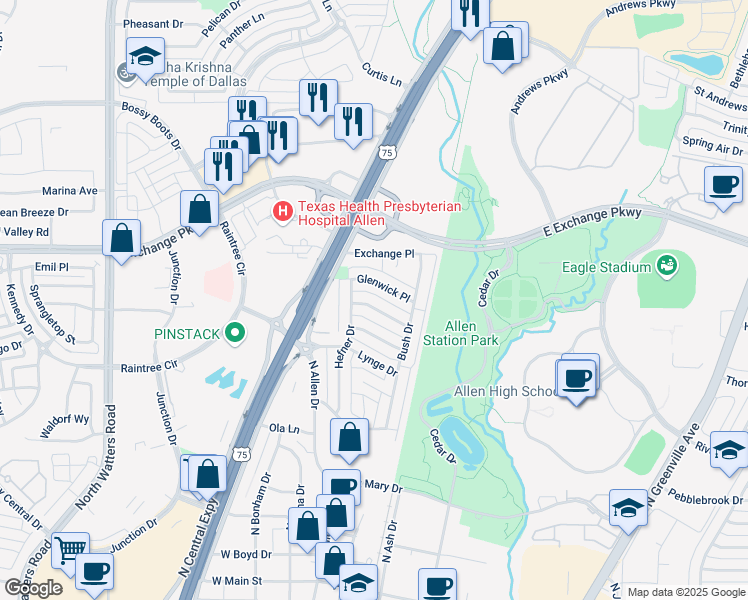 map of restaurants, bars, coffee shops, grocery stores, and more near 208 Glenwick Place in Allen