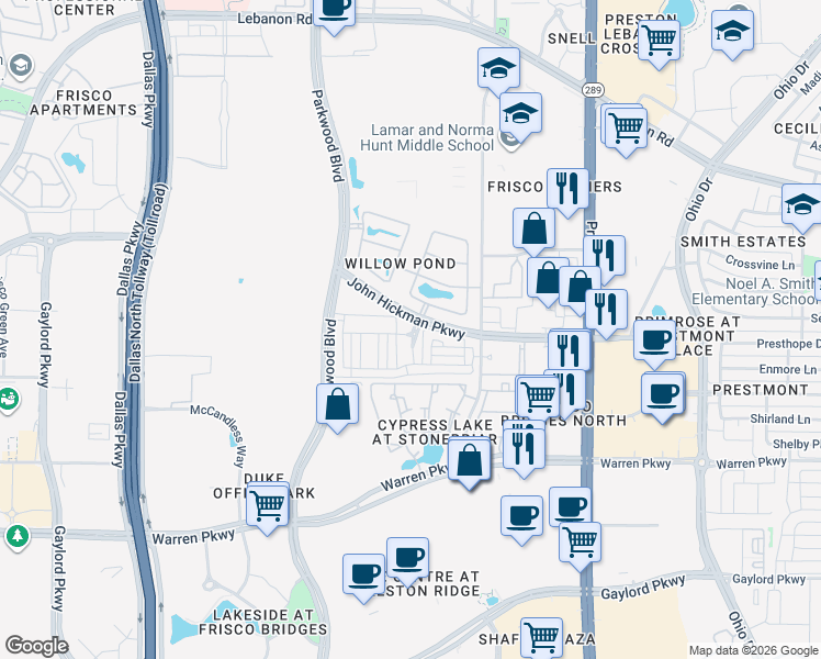 map of restaurants, bars, coffee shops, grocery stores, and more near 25 Mill Pond Drive in Frisco