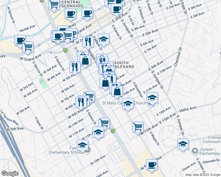 map of restaurants, bars, coffee shops, grocery stores, and more near 810 South Escondido Boulevard in Escondido