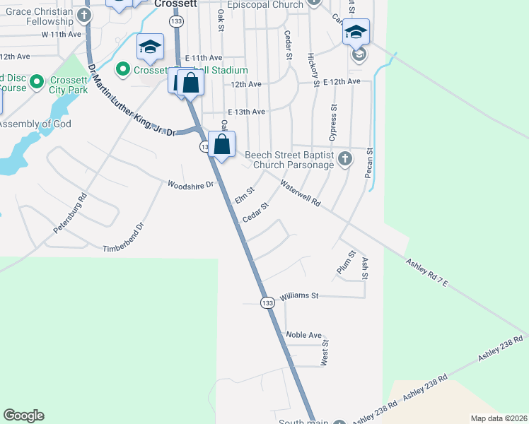 map of restaurants, bars, coffee shops, grocery stores, and more near 1512 Cedar Street in Crossett