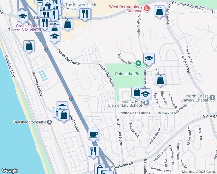 map of restaurants, bars, coffee shops, grocery stores, and more near 6679 Paseo Del Norte in Carlsbad