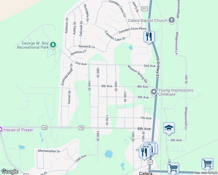 map of restaurants, bars, coffee shops, grocery stores, and more near 411 17th Street in Calera