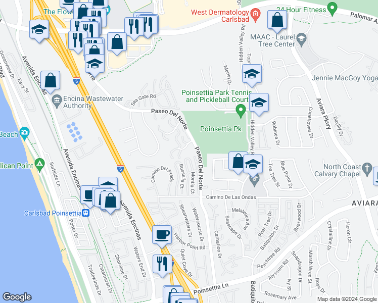 map of restaurants, bars, coffee shops, grocery stores, and more near 6679 Paseo Del Norte in Carlsbad