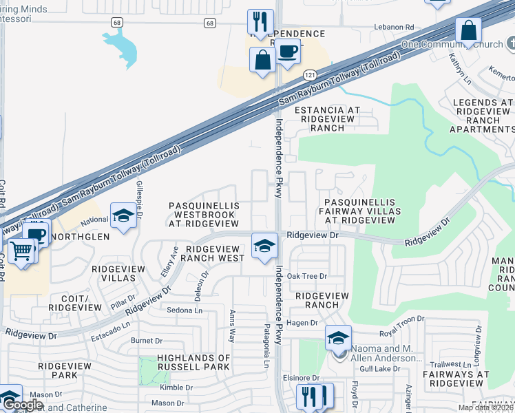 map of restaurants, bars, coffee shops, grocery stores, and more near 9925 Dryden Lane in Plano
