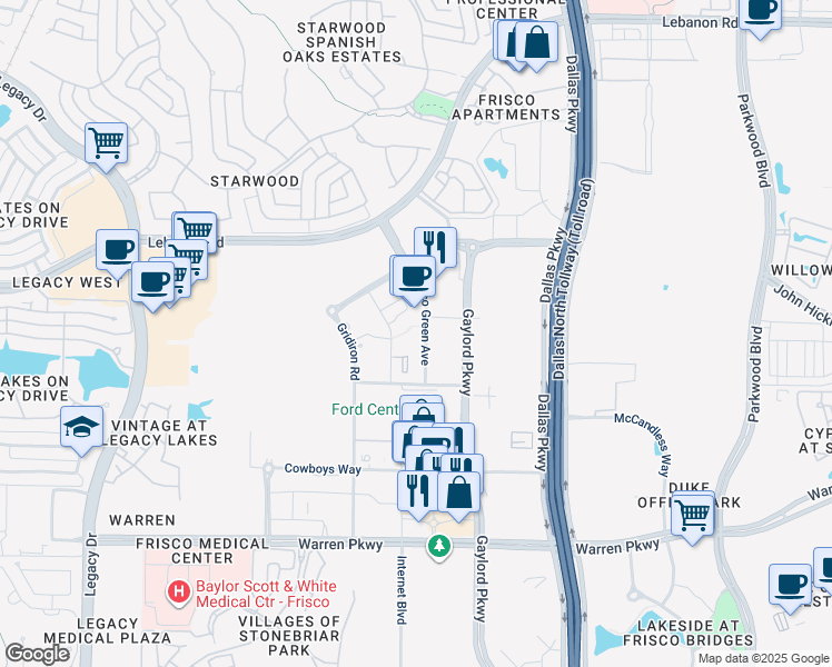 map of restaurants, bars, coffee shops, grocery stores, and more near 4141 Frisco Green Avenue in Frisco