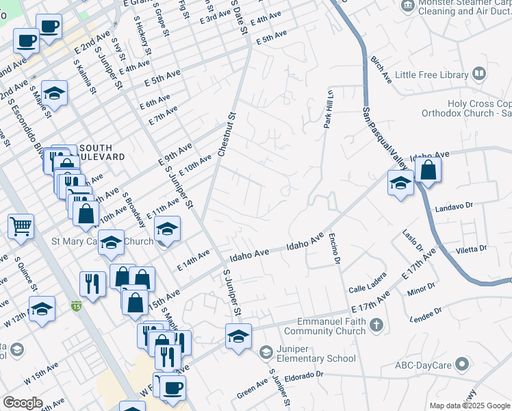 map of restaurants, bars, coffee shops, grocery stores, and more near 1190 Robertson Drive in Escondido