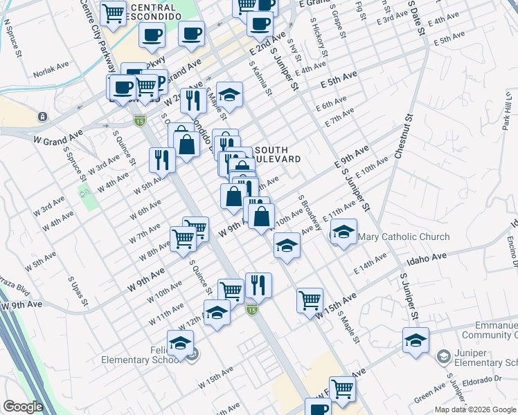 map of restaurants, bars, coffee shops, grocery stores, and more near 248 West 9th Avenue in Escondido