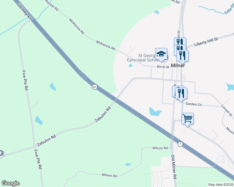 map of restaurants, bars, coffee shops, grocery stores, and more near 123 Zebulon Street in Milner
