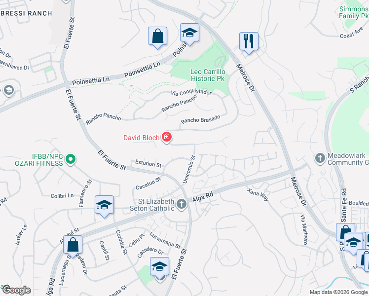 map of restaurants, bars, coffee shops, grocery stores, and more near 2886 Rancho Cortes in Carlsbad