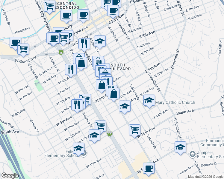 map of restaurants, bars, coffee shops, grocery stores, and more near 248 West 9th Avenue in Escondido