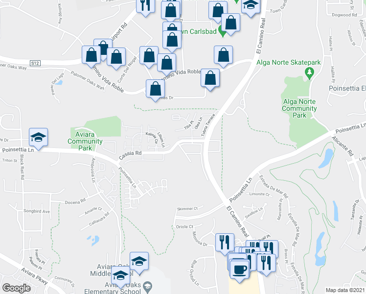 map of restaurants, bars, coffee shops, grocery stores, and more near 1965 Cassia Road in Carlsbad