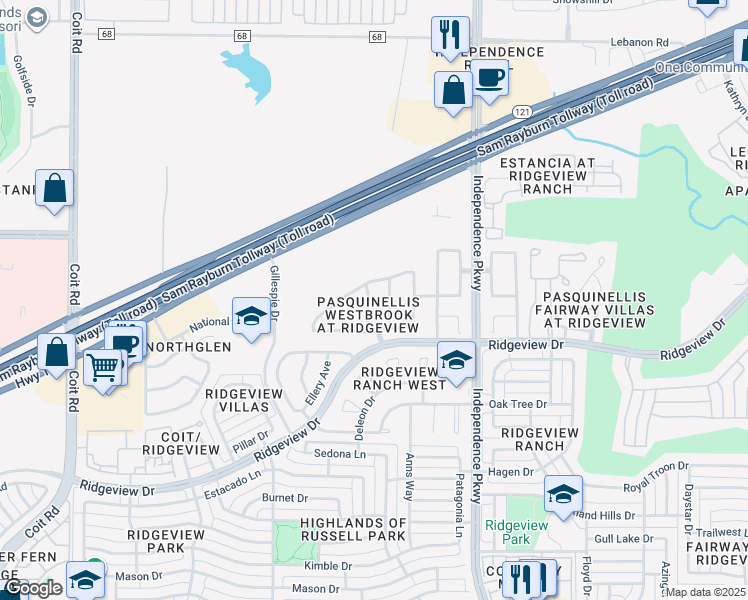 map of restaurants, bars, coffee shops, grocery stores, and more near 9852 Wilkins Way in Plano