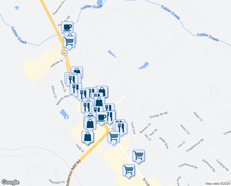 map of restaurants, bars, coffee shops, grocery stores, and more near 1010 Fernwood Drive in Milledgeville
