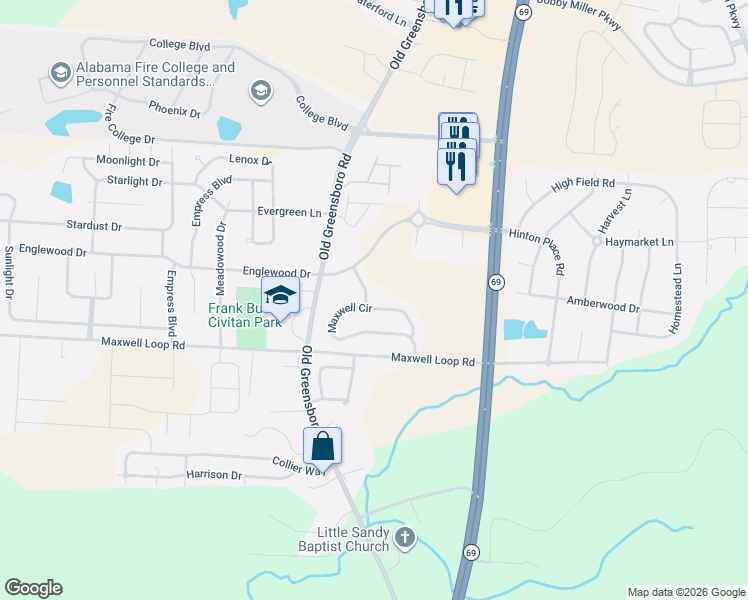 map of restaurants, bars, coffee shops, grocery stores, and more near 10293 Maxwell Way in Tuscaloosa