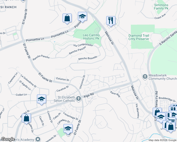 map of restaurants, bars, coffee shops, grocery stores, and more near 2915 Rancho Cortes in Carlsbad