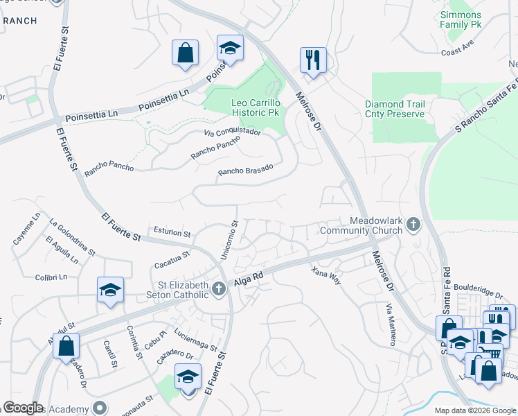 map of restaurants, bars, coffee shops, grocery stores, and more near 2923 Rancho Cortes in Carlsbad