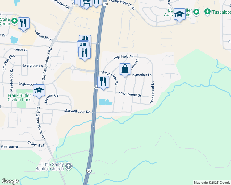 map of restaurants, bars, coffee shops, grocery stores, and more near 823 Amberwood Drive in Tuscaloosa