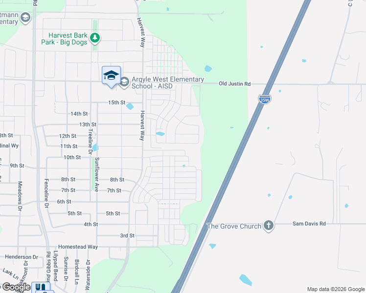map of restaurants, bars, coffee shops, grocery stores, and more near 7551 Praire Mound Cemetary Road in Argyle