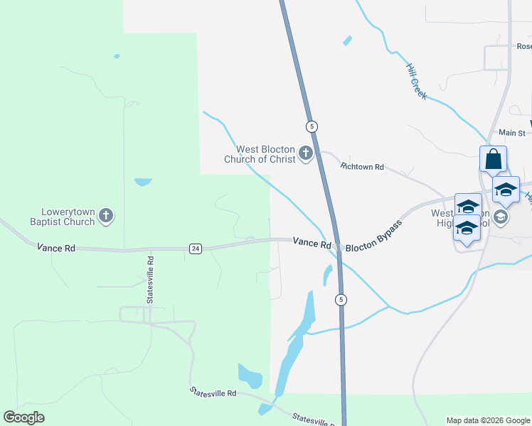 map of restaurants, bars, coffee shops, grocery stores, and more near 240 Vance Road in West Blocton