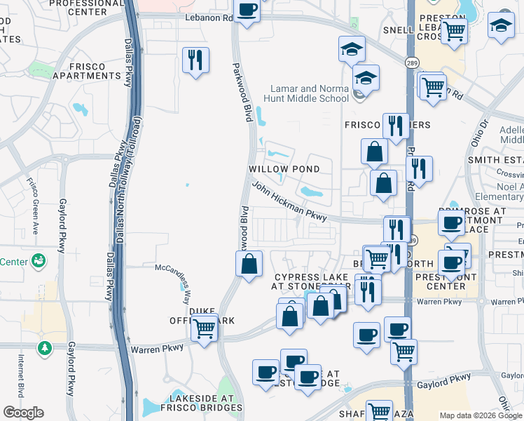 map of restaurants, bars, coffee shops, grocery stores, and more near 8081 Snowmass Drive in Frisco