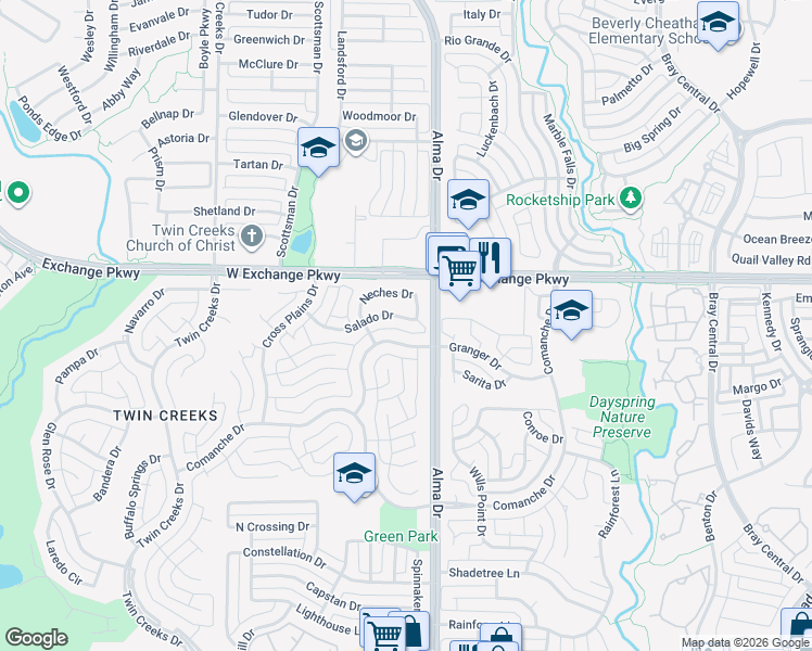map of restaurants, bars, coffee shops, grocery stores, and more near 1102 Salado Drive in Allen