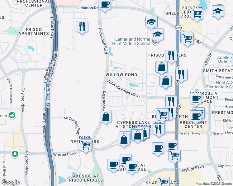map of restaurants, bars, coffee shops, grocery stores, and more near 8081 Snowmass Drive in Frisco