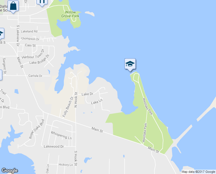 map of restaurants, bars, coffee shops, grocery stores, and more near 300 Lake Drive in Lake Dallas