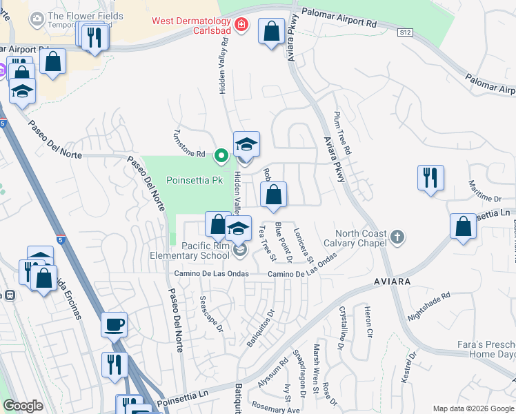 map of restaurants, bars, coffee shops, grocery stores, and more near Red Knot Street & Scrub Jay Court in Carlsbad