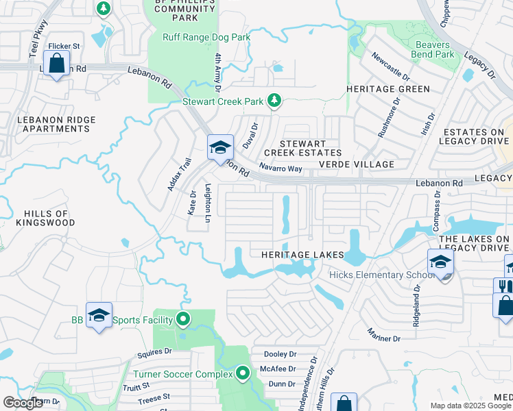 map of restaurants, bars, coffee shops, grocery stores, and more near 3600 Jefferson Drive in Frisco