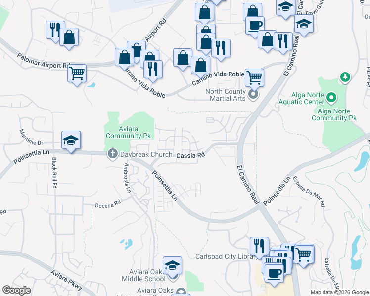 map of restaurants, bars, coffee shops, grocery stores, and more near 1761 Vesper Lane in Carlsbad